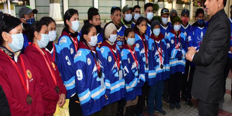The members of Himachal Pradesh women hockey team which won Bronze medal in national ice hockey cham