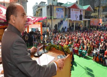 Chief Minister Jai Ram Thakur addressing public meeting at Palampur on 7 Feb 2021.