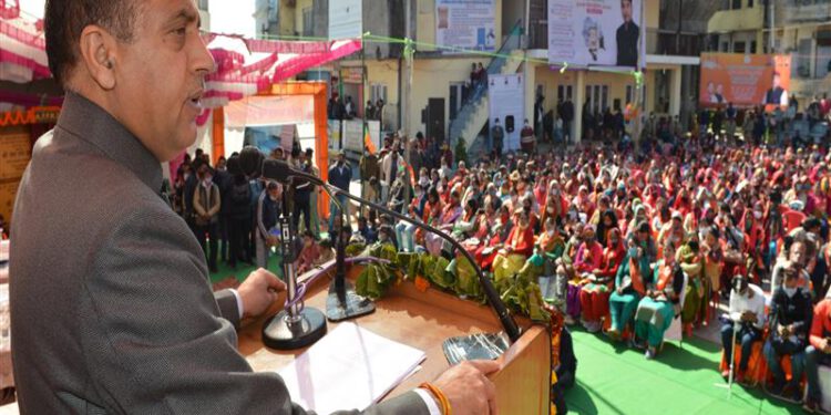 Chief Minister Jai Ram Thakur addressing public meeting at Palampur on 7 Feb 2021.