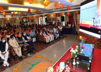 Chief Minister Shri Jai Ram Thakur listening to Mann Ki Baat programme at Baddi today.