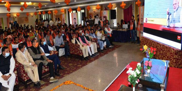 Chief Minister Shri Jai Ram Thakur listening to Mann Ki Baat programme at Baddi today.