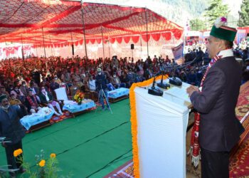 Chief Minister Jai Ram Thakur addressing a gathering at Reckong Peo on