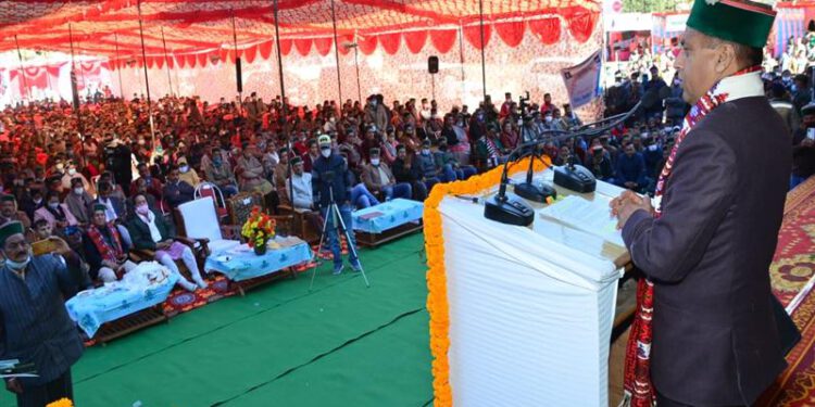 Chief Minister Jai Ram Thakur addressing a gathering at Reckong Peo on