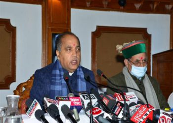 Chief Minister Jai Ram Thakur addressing press conference at Shimla today.