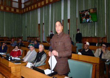 Chief Minister Jai Ram Thakur addressing the House during the Budget session of State Vidhan Sabha at Shimla today.